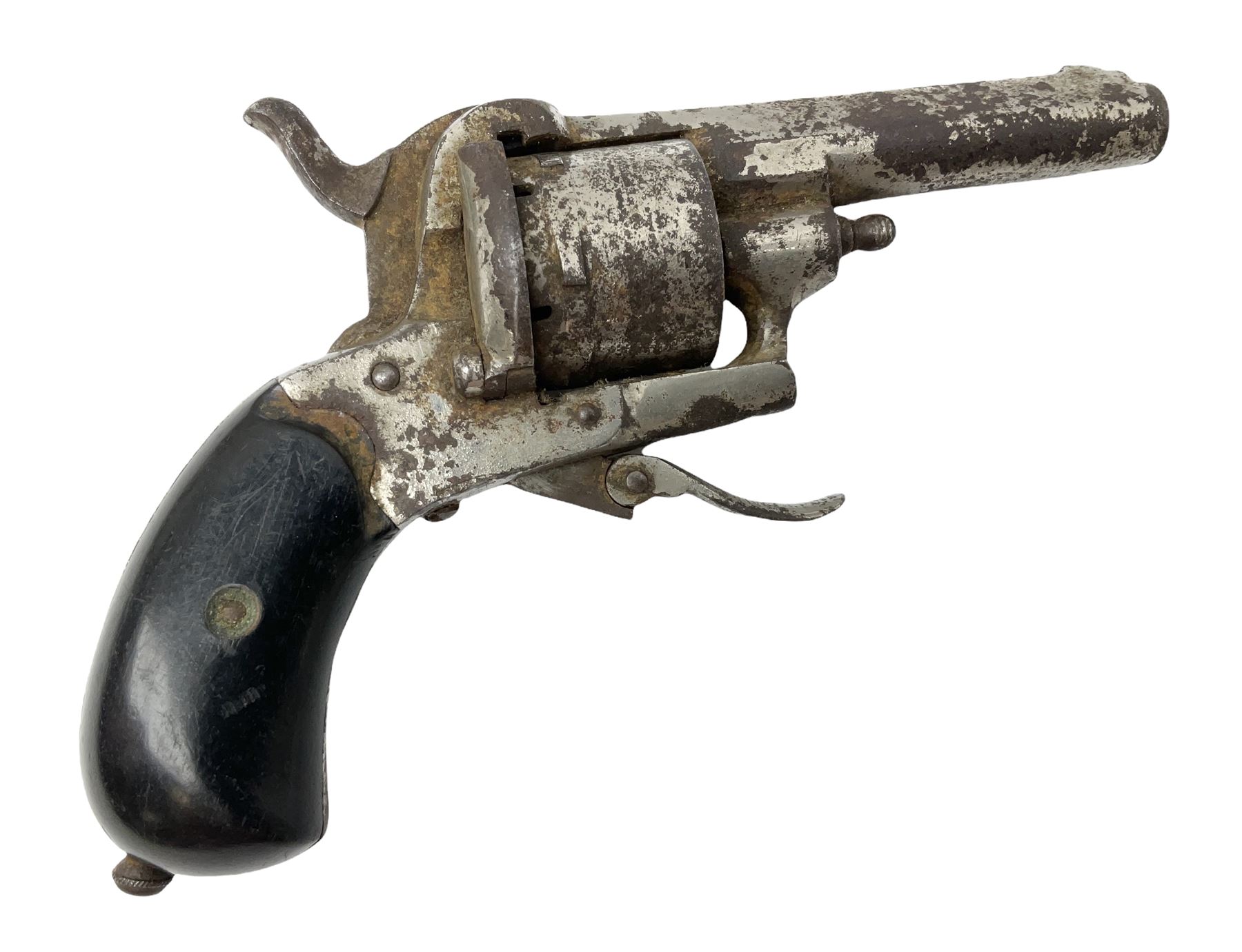 19th century 7mm six-shot pin-fire revolver, with folding trigger, two-piece ebonised grip and ejector rod in butt L17cm