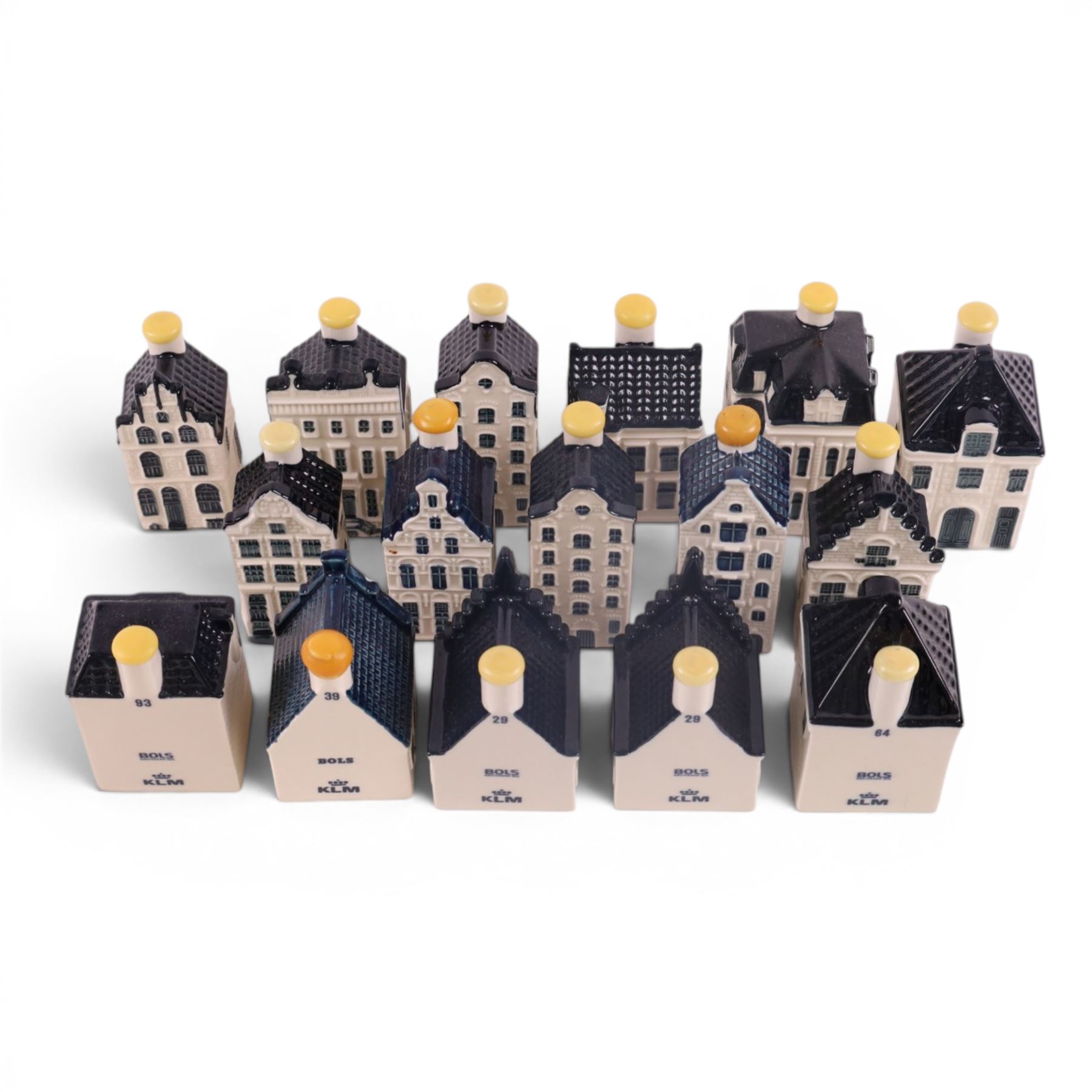 Sixteen  Blue Delft's KLM Airlines, Bols decanters, shaped as Dutch houses