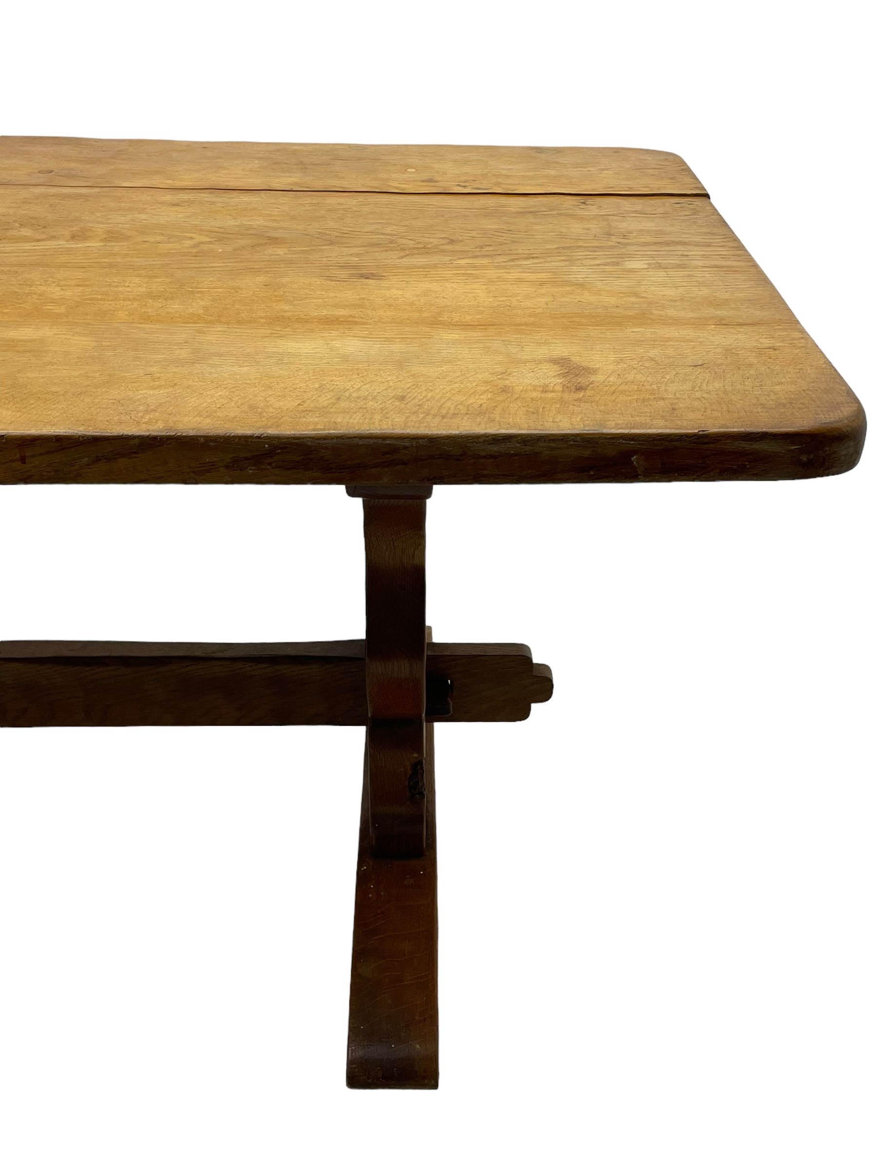 Gnomeman - large oak refectory dining table, rectangular adzed top on shaped end supports with sledge feet, united by pegged stretcher, carved with gnome signature, by Thomas Whittaker, Little Beck