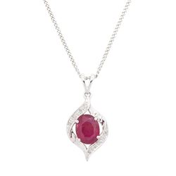 
18ct white gold ruby and diamond pendant necklace, single oval cut ruby of approx 2.50 c...