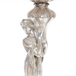 WMF figural centre piece the pedestal in the form of a woman, holding flower bud, the bowl decorate with vine leaves and berries, mark stamped to base, H38cm