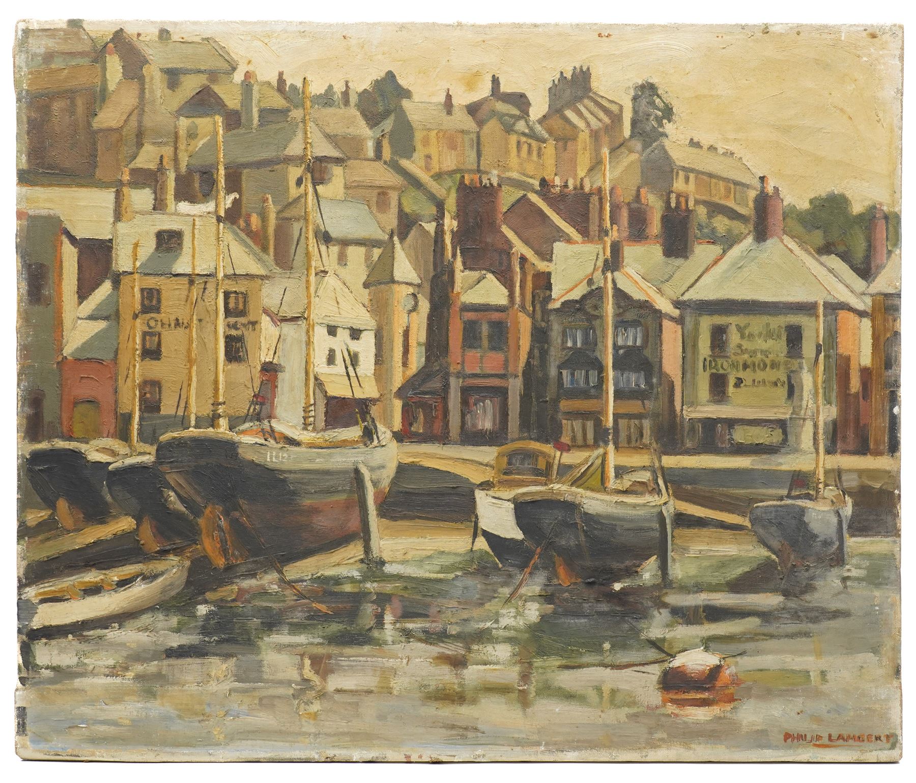 Philip Lambert (British 1918-2014): Moored Fishing Boats, oil on canvas signed 51cm x 61cm (unframed)