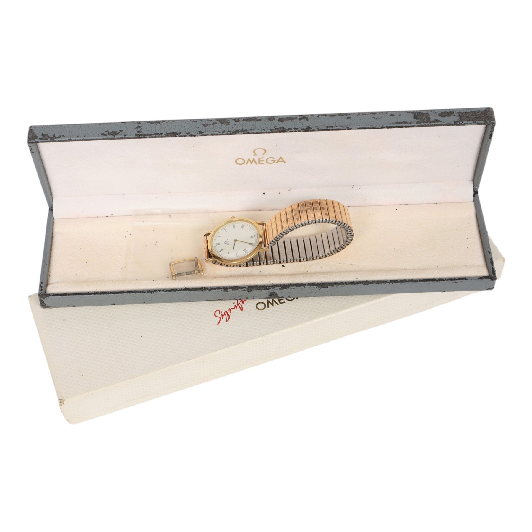 Omega De Ville gentleman's gold-plated and stainless steel quartz wristwatch, Ref. 195.0075.2, white dial with Roman numeral hour markers, on expanding gilt strap, with Omega buckle, boxed