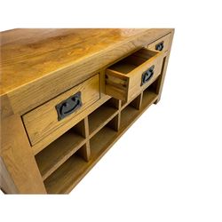 Light oak hall bench, tripled panelled back, fitted with drawers and shoe holes