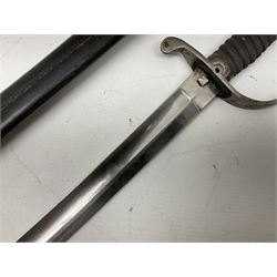 Mid-19th century Custom’s officer/Constabulary sidearm, with plain 60.5cm slightly curving fullered blade double edged at tip,  steel knucklebow and downswept quillon, stepped pommel and ribbed fishskin grip; in leather covered scabbard with steel locket, frog stud and chape L76cm overall