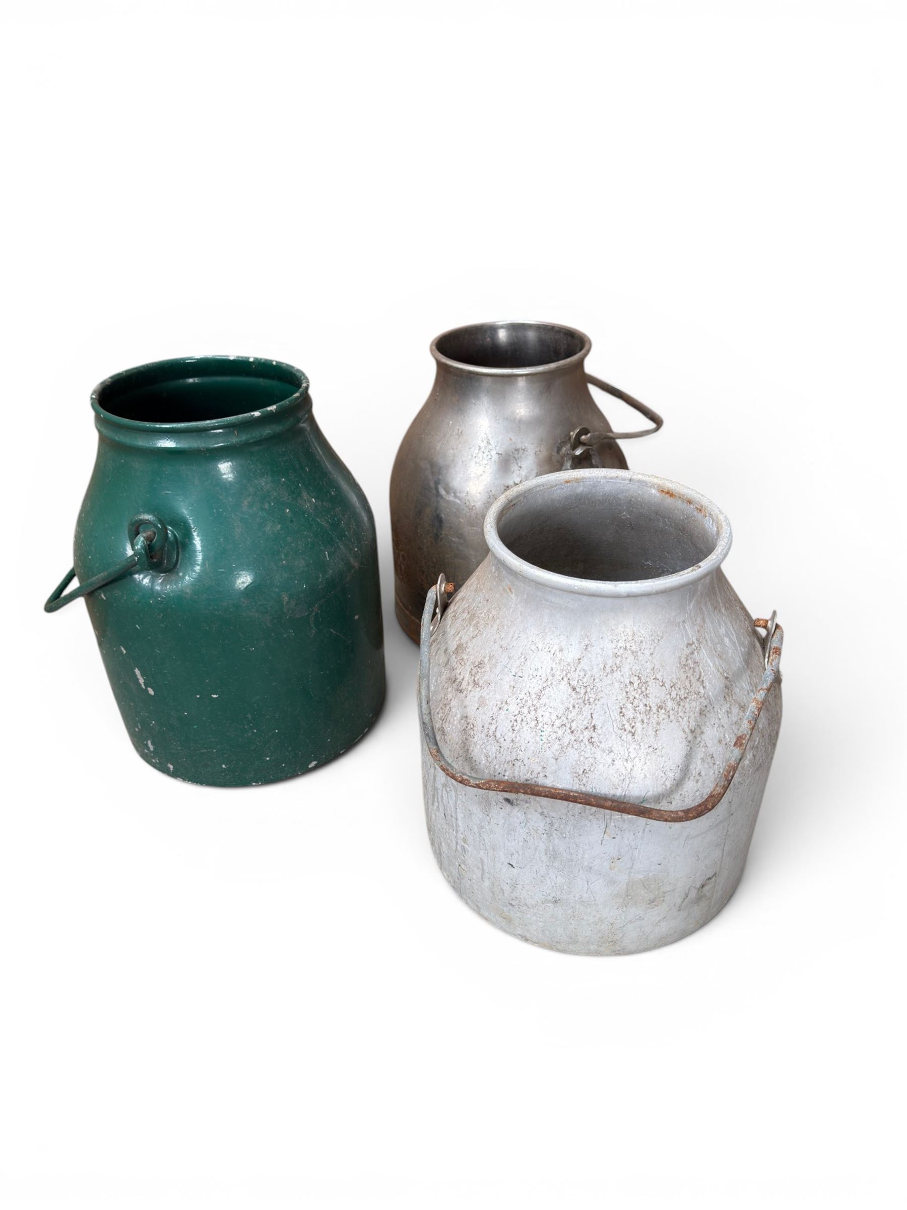 Three metal dairy buckets with carrying handles