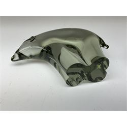 Livio Seguso (Italian, 1930-), Murano glass penguin paperweight in purple and blue, H12.5cm, together with another paperweight modelled as a polar bear for Graglas of Germany, c1970, both with etched marks beneath