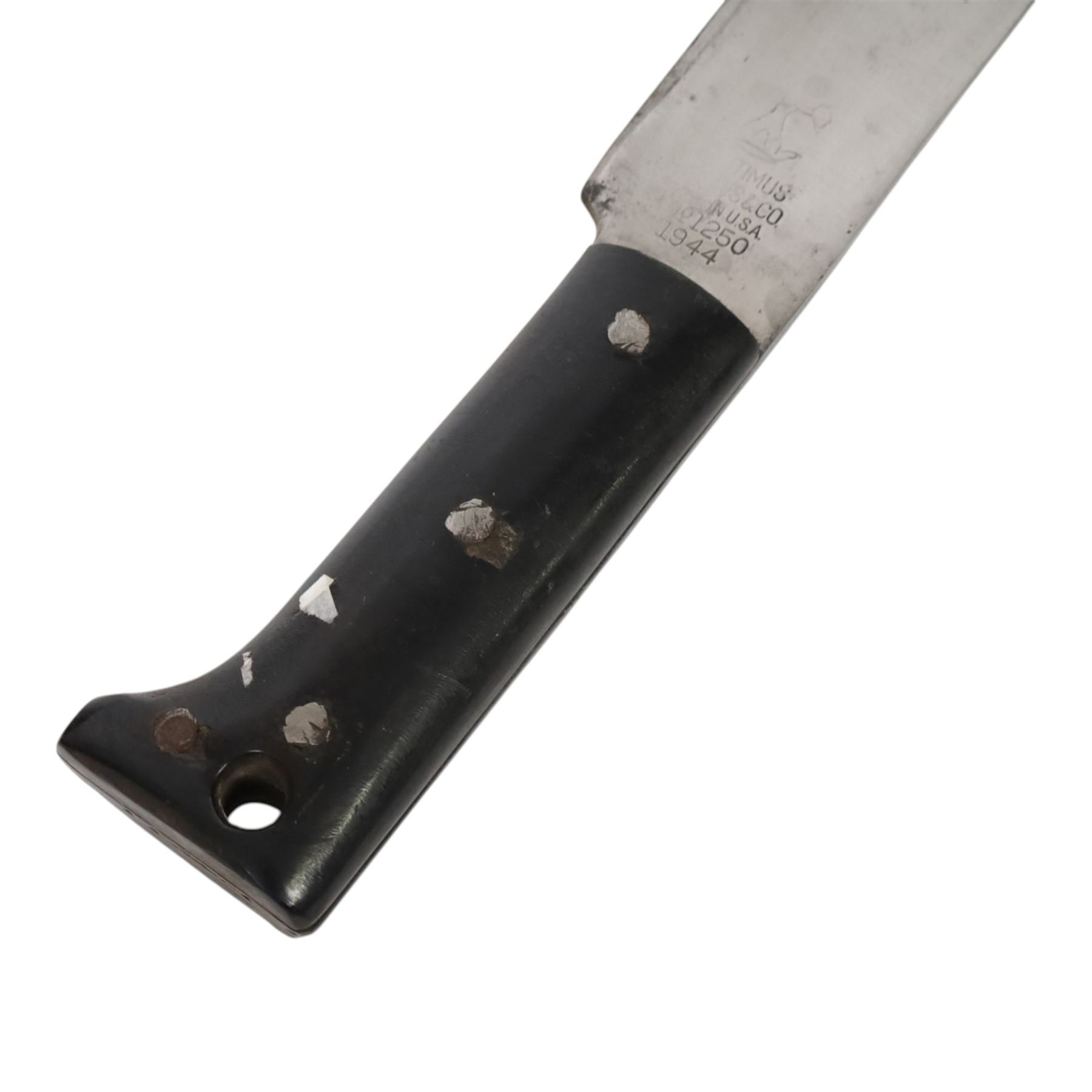 WWII US military machete dated 1944, Legitamas Collins & Co, model no.1250, with original leather sheath, overall L58cm