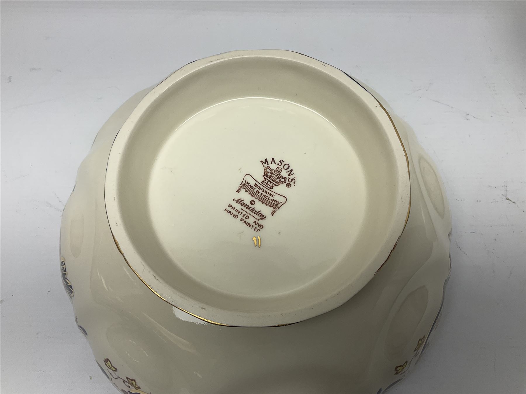 Masons Ironstone in the Mandalay pattern stepped dish, vase, jug , covered jar and two picture frames 