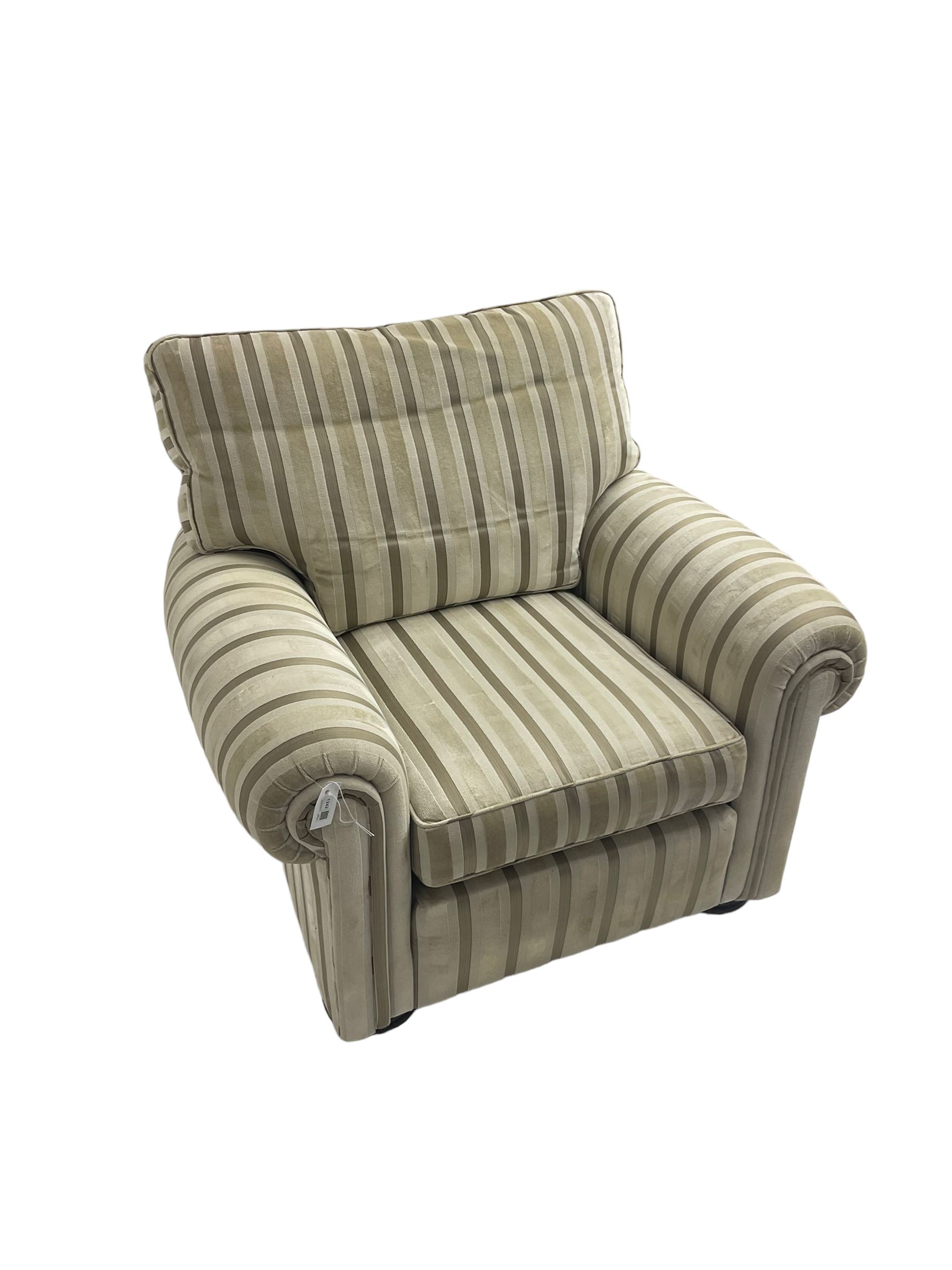 Duresta - 'Waldorf' armchair, in neutral striped fabric, on compressed bun feet