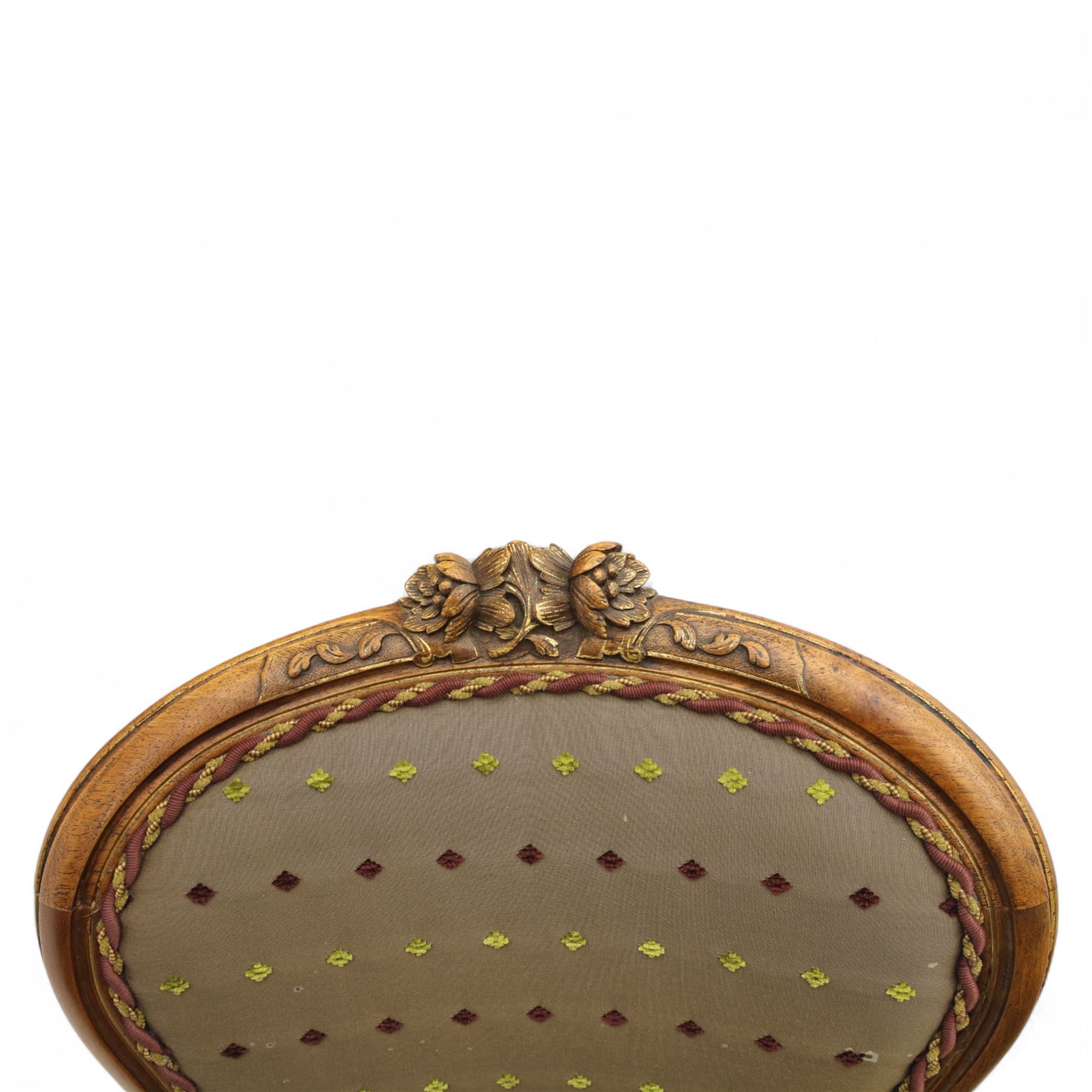 Set of four Victorian walnut framed salon chairs, upholstered in olive fabric with diamond embossed tufts