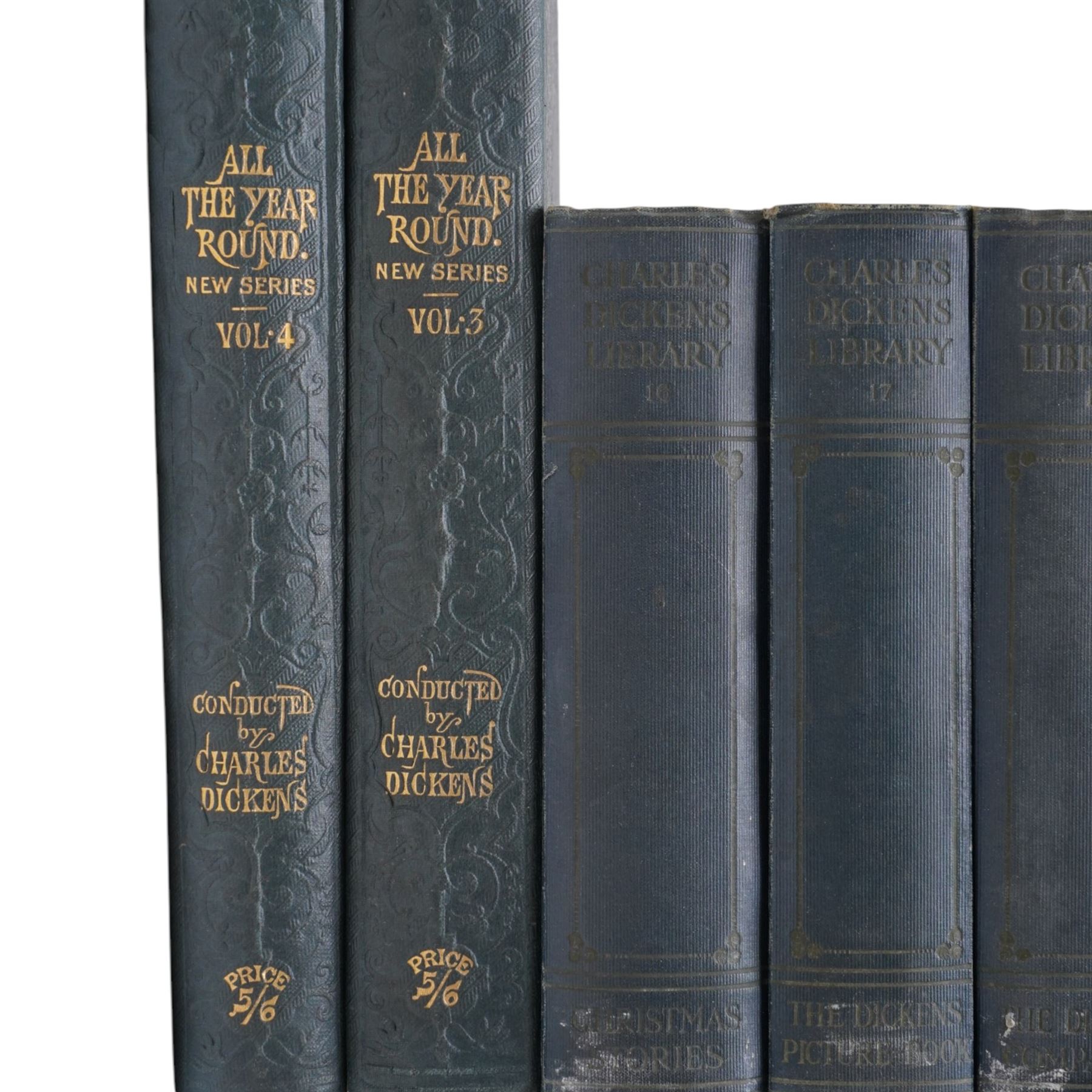 Charles Dickens Library 18volumes by The Educational Book Company in blue boards and All the Year Round conducted by Charles Dickens, New Series Volumes 3 and 4 1870