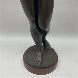 After Eugen Schlipf, Fanfair, bronzed female figure playing two horns, upon a circular marble plinth, H57cm