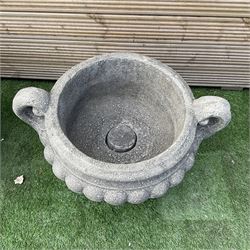 Pair of squat cast stone garden urns, with handles on pedestal  base, D50, H45 - THIS LOT IS TO BE COLLECTED BY APPOINTMENT FROM DUGGLEBY STORAGE, GREAT HILL, EASTFIELD, SCARBOROUGH, YO11 3TX
