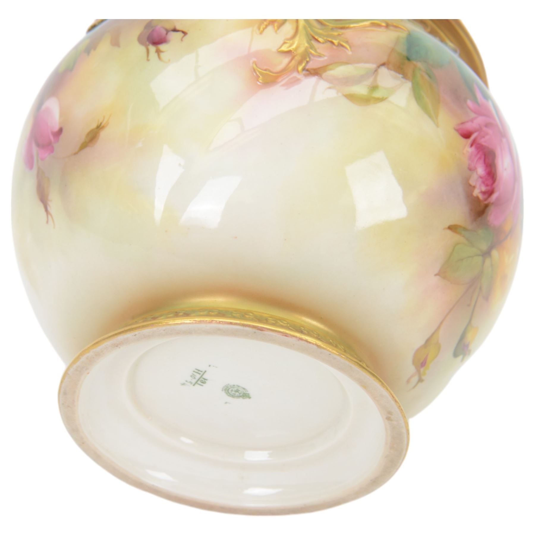 Early 20th century Royal Worcester jardiniere, painted  with pink and yellow roses amongst green foliage, signed A. Chidley with printed mark beneath and date code for 1910, H17cm