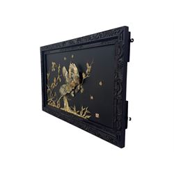 Meiji period (1868–1912), signed Shibayama carved hardwood lacquer panel inlaid with mother-of-pearl and ivory, decorated in high relief and inlaid, depicting two birds of prey with locked talons and beaks on leafy tree branch, signature in lower right corner, in original frame. This item has been registered for sale under section 10 of the APHA Ivory Act