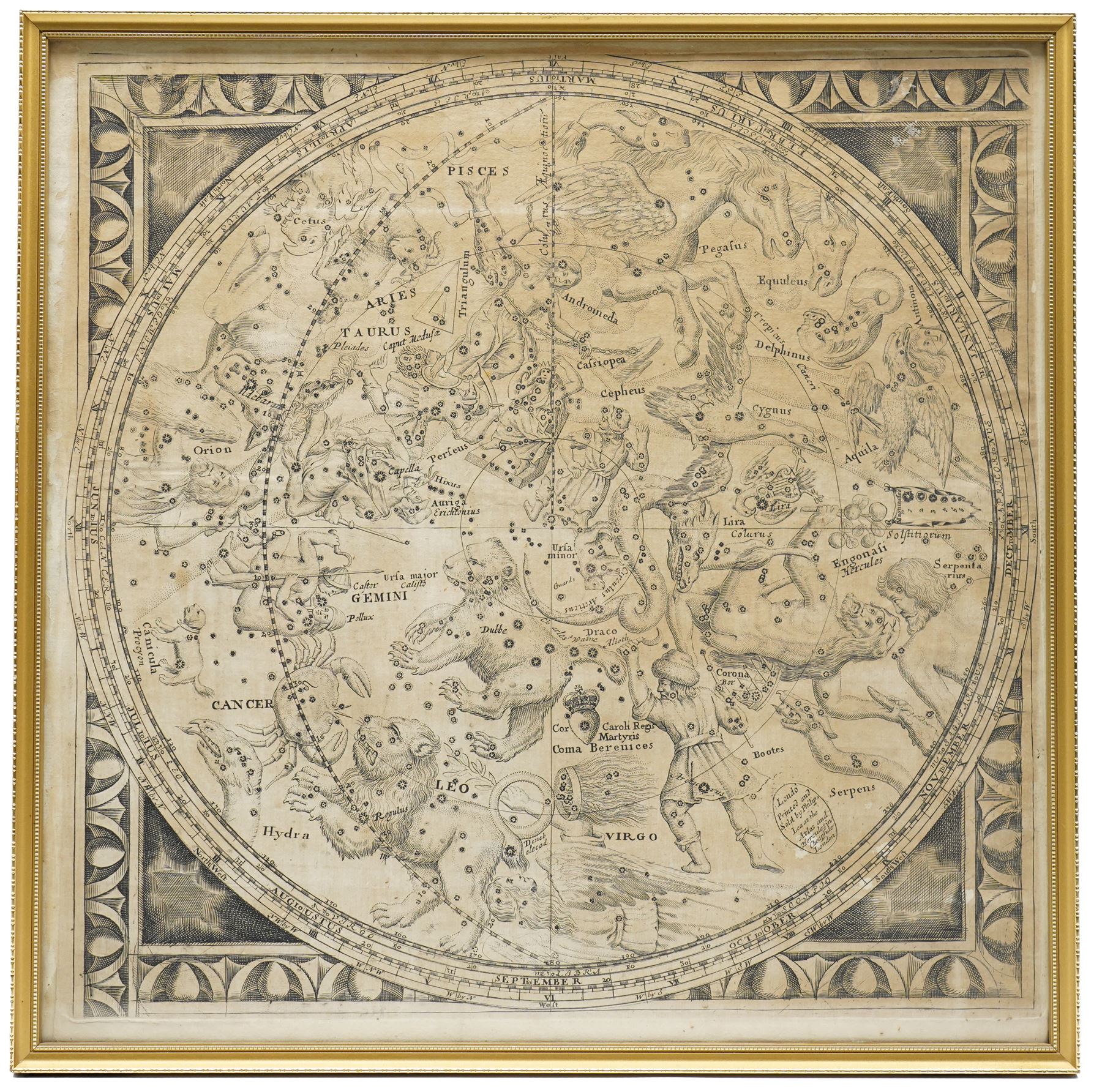 Philip Lea (British fl.1683-1700): Cellarius of the Southern Hemisphere with Constellations, 17th century engraved map or celestial chart pub. Atlas and Hercules, Cheapside, London 40cm x 40cm
