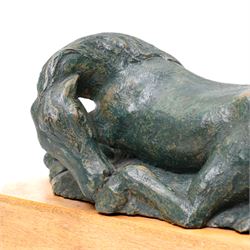 Mid-20th century painted terracotta figure of a recumbent horse, including wooden plinth W31cm
