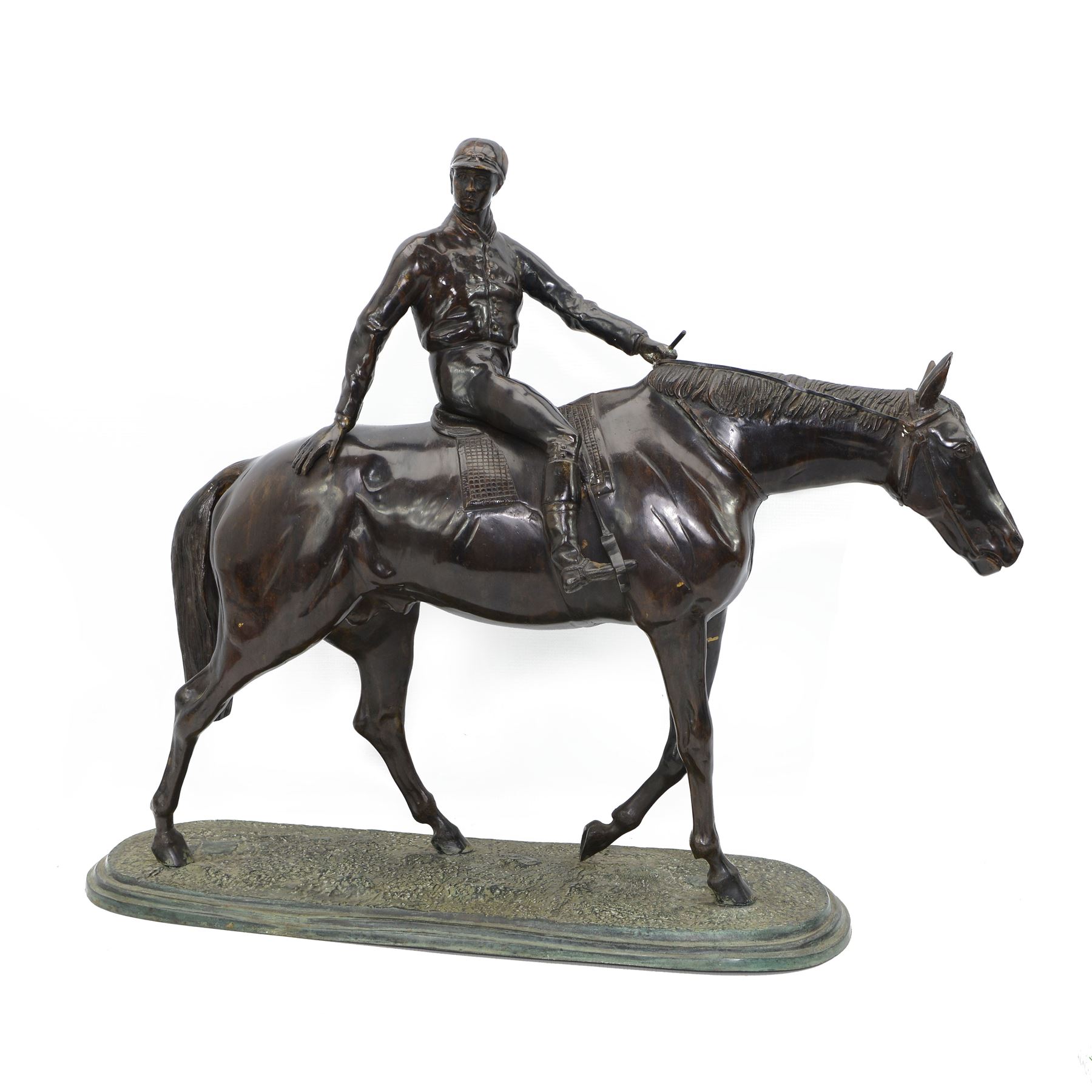 After Isidore Jules Bonheur (1827-1901): Large bronze equestrian group of Racehorse and Jockey on shaped naturalistic base, 57cm x 67cm 