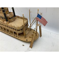Hand built model of a river paddle steamer 'King of the Mississippi' and a sailing ship with three masts and unfurled sails, largest example H80cm, L101cm