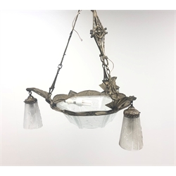  Art Deco Muller Freres hanging light fitting, bronzed metal frame supporting a central hexagonal frosted glass shade matched by three hanging shades, W61cm max  