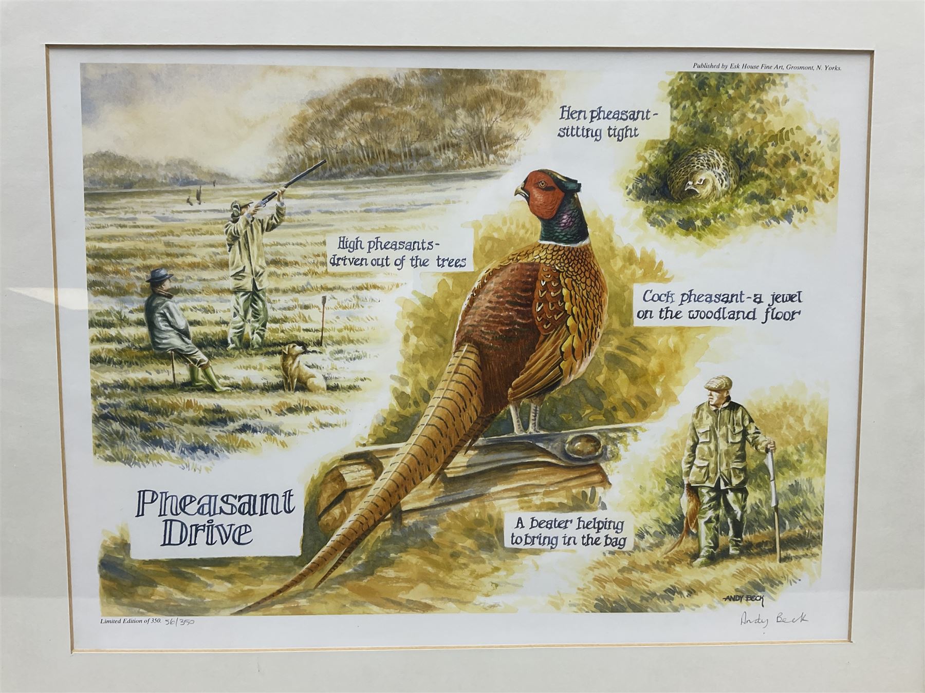 Five limited edition framed coloured prints of shooting interest comprising after C. Stanley Todd game birds taking flight in a mountainous lake landscape no.348/600; after J.C. Harrison game birds in flight over fields no.285/500; after Alan B. Hayman  'A Right and Left?' no.398/850; after Andy Beck 'Pheasant Drive' no.56/350; and after Leo Stans 'Autumn Air'; all signed on the mount; various frames (5)