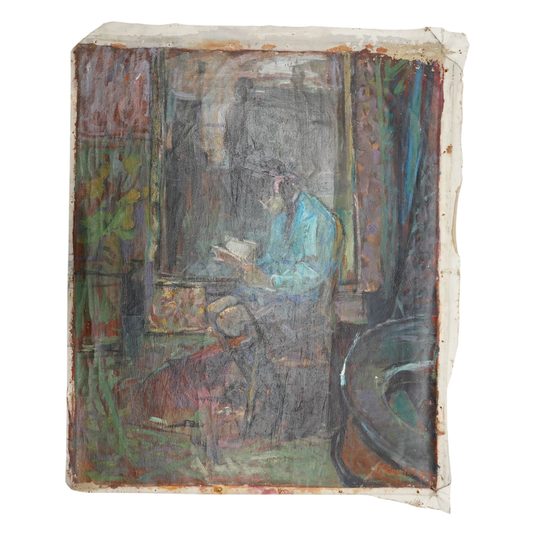 John Gilbey Bowles (British 1929-2011): 'A Girl Reading' - Interior Scene, oil on unstretched canvas signed and dated 1979,  inscribed verso 76cm x 63cm (unframed)