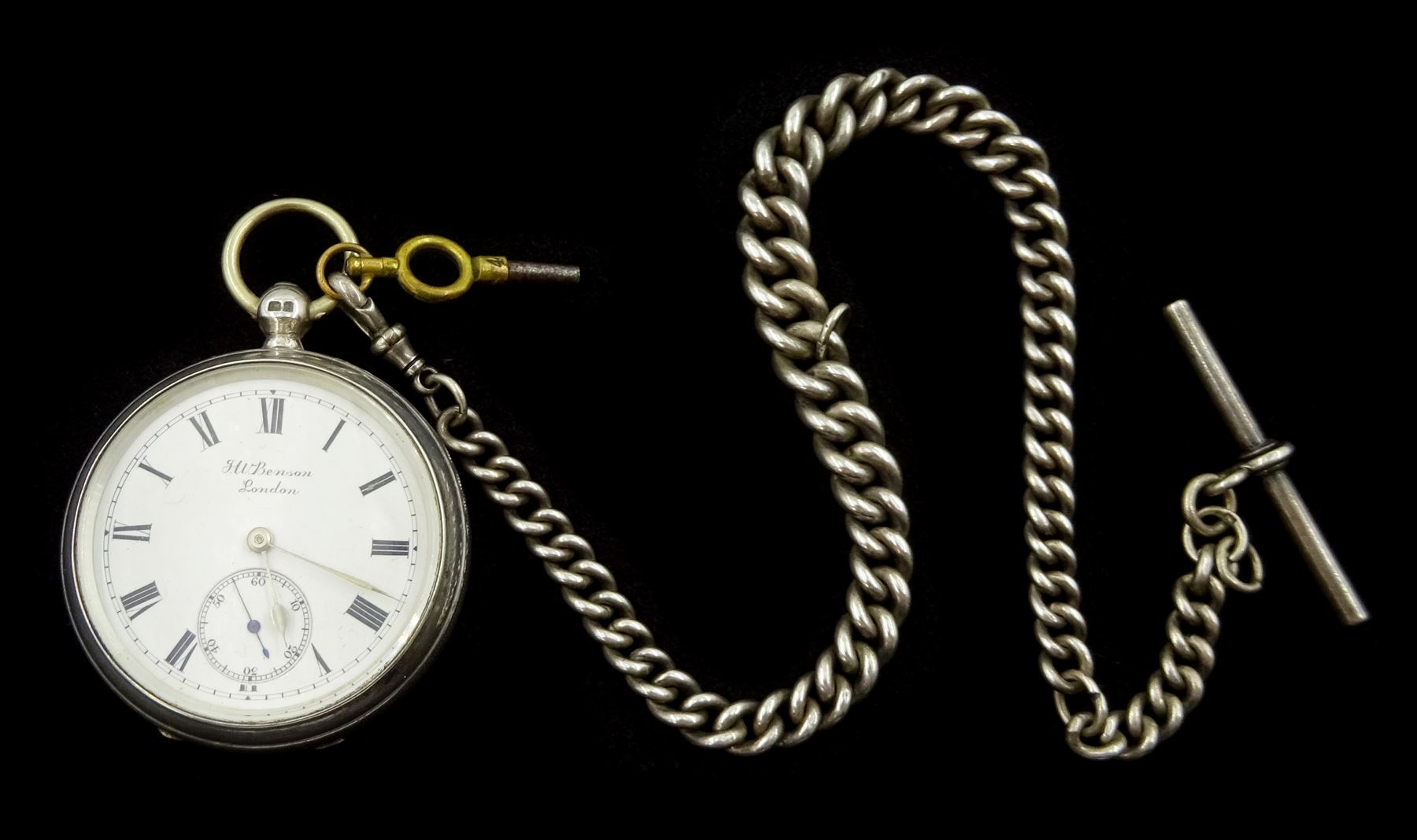 Edwardian silver open face key wound lever 'Ludgate' pocket watch by J.W.Benson, London, No. 109402, white enamel dial with Roman numerals and subsidereary seconds dial, London 1906, on Victorian graduating silver Albert chain, each link hallmarked
