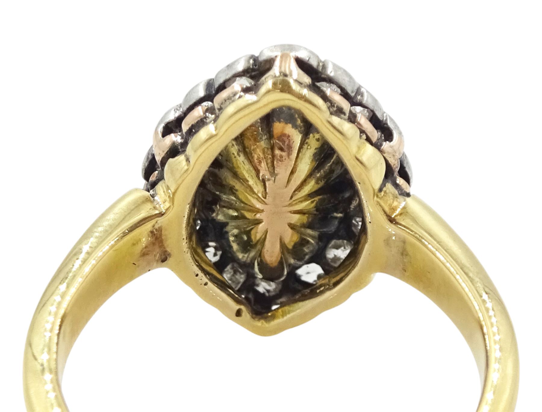 19th / early 20th century silver and gold, marquise cut opal and rose cut diamond cluster ring, stamped 18ct