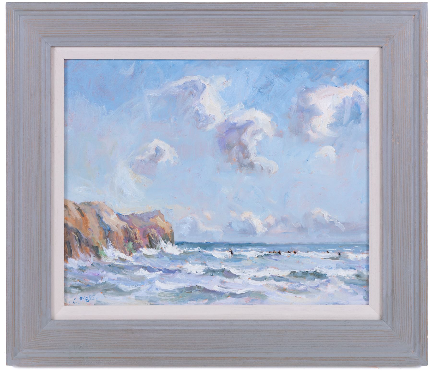 Christine M Pybus (British 1954-): 'Winter Surfing at Sandsend', oil on board signed 29cm x 36cm 