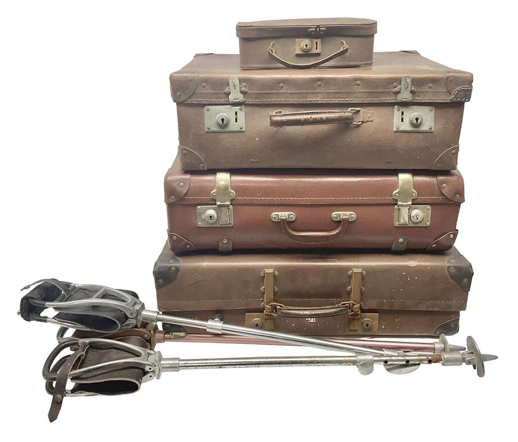 Three shooting sticks, together with four vintage leather brown suitcases of various sizes, largest suitcase H40cm L65cm 