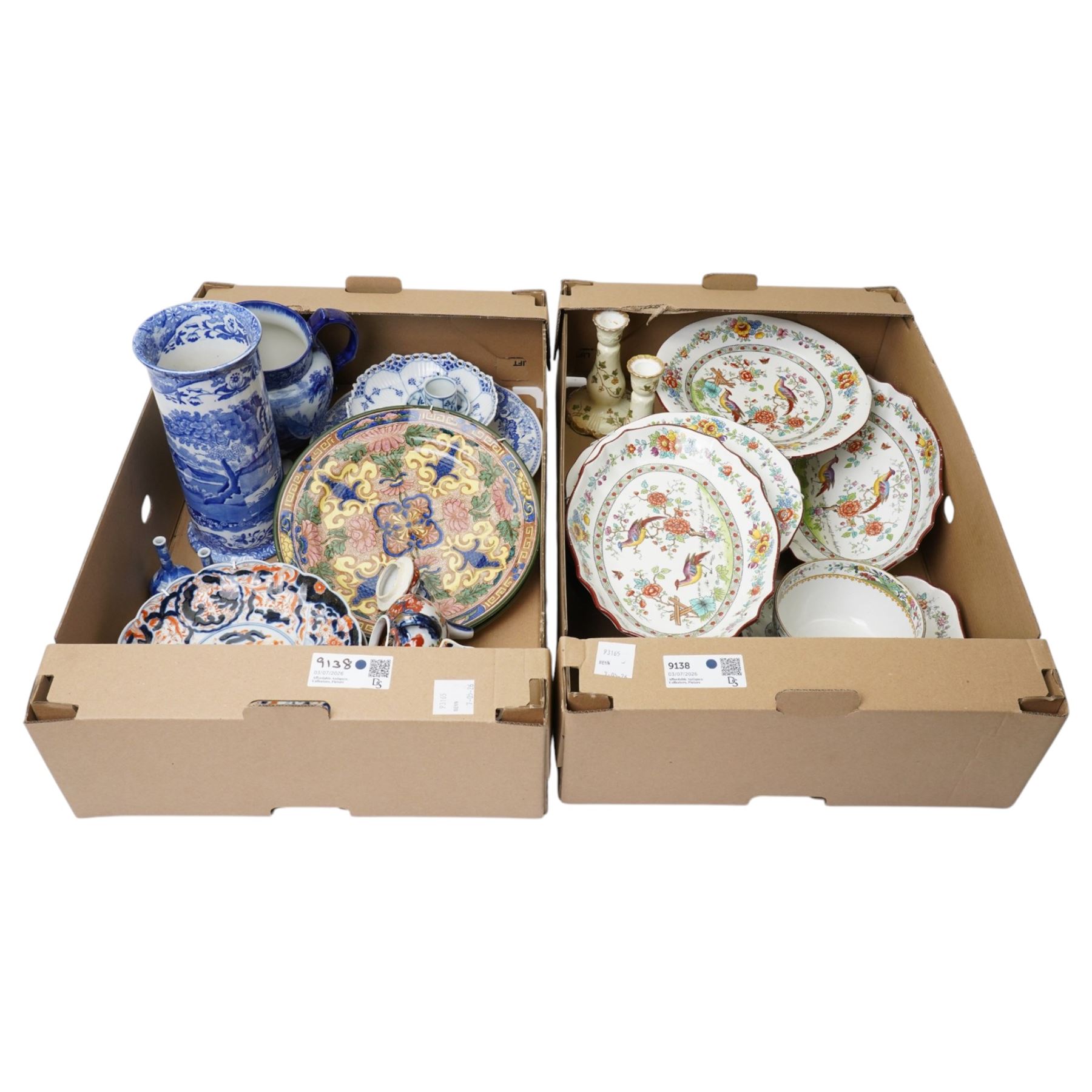 Copeland Spode dessert service retailed by Maple & Co decorated with exotic birds, Copeland Spode Italian cylindrical vase and other items in two boxes