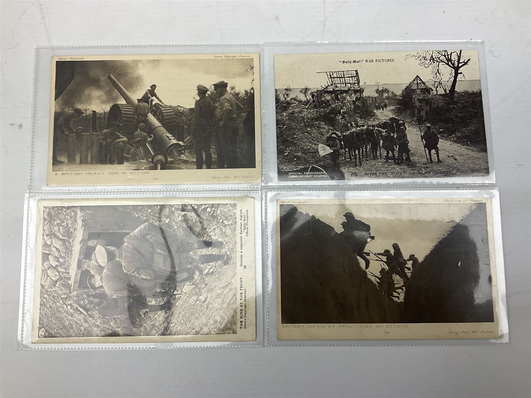 Postcards and postal history, including WWII period items, topographical postcards, military themed postcards including 'Daily Mail Battle Picture', 'War Bond Campaign Post Card' etc, housed in three ring binder albums, and an album containing various photos of men in military uniform dating from the late 1940s