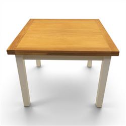 Contemporary Oak fold-over leaf dining table and four chairs, square top extending to a rectangular top 200cm, four white dining chairs with upholstered and padded seats