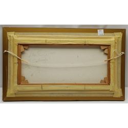 Alan Stuttle (British 1939-): Seagulls over 'Scarborough' North Bay, oil on canvas signed, titled and dated 1989 verso 24cm x 50cm