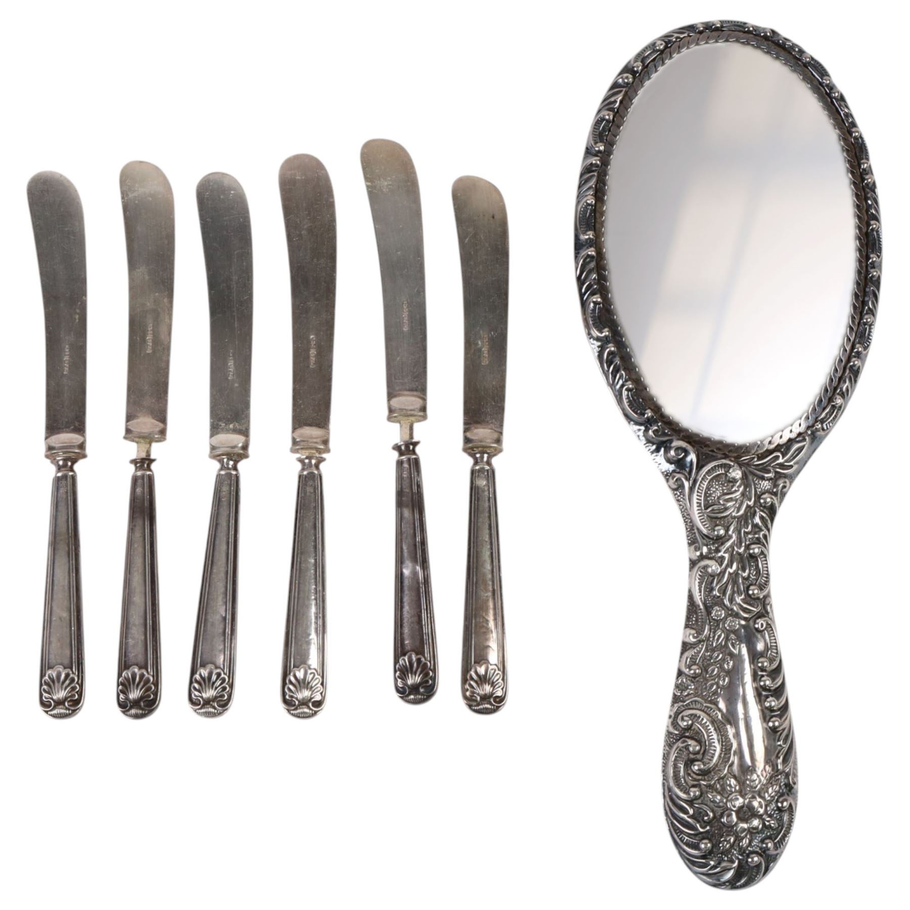 Silver mounted dressing table mirror, together with six silver handled knives, all hallmarked 