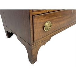 George III mahogany bureau, the fall-front banded and with boxwood stringing, enclosing fitted interior with pigeonholes and drawers surrounding a central cupboard with inlaid shell motif, the base with four graduating cock-beaded drawers, each with pressed brass handle plates with central lion masks and ivory escutcheons, on shaped bracket feet
This item has been registered for sale under Section 10 of the APHA Ivory Act