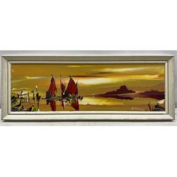 George Richard Deakins (British 1911-1982): Boats at Sunset, oil on board signed 14cm x 45cm 