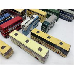 Thirty-one modern die-cast models of buses, coaches and trams by Corgi, EFE, Solido etc; predominantly unboxed but one in box