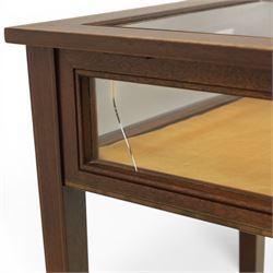 Edwardian inlaid mahogany bijouterie display table, square tapering supports inlay, orange baize lining shaped undertier