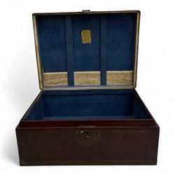 Early 20th century Chinese export lacquered trunk, circa 1920, rectangular form with dark ...