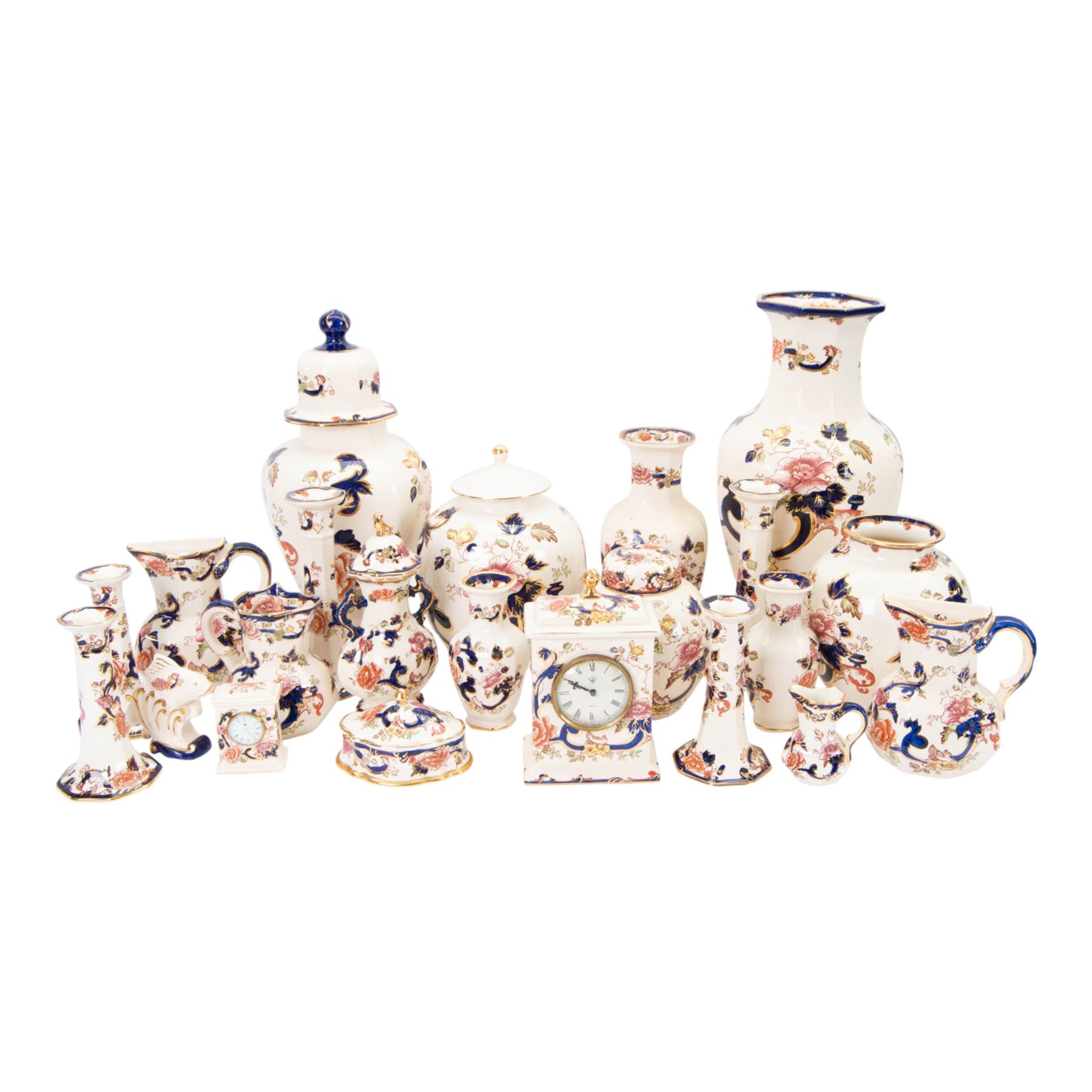 Collection of Mason ‘Mandalay’ pattern ceramics, to include vase and cover, two clocks, candle sticks, wall vases, ginger jar etc 