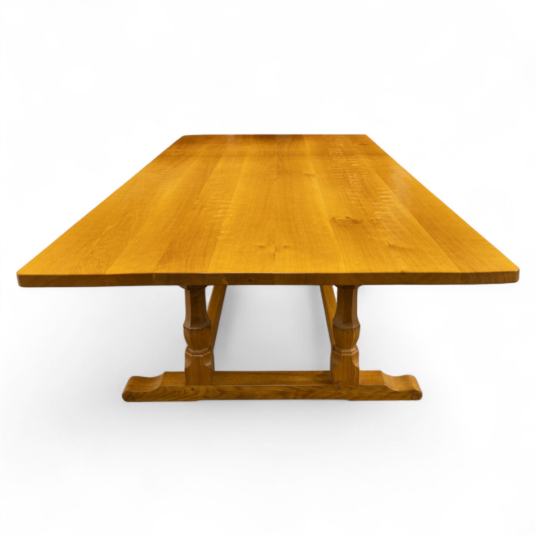 Wrenman - 10' x 5' adzed oak twin pillar dining table, with signature Wren carving on sleigh base, by Bob Hunter of Thirlby's workshop