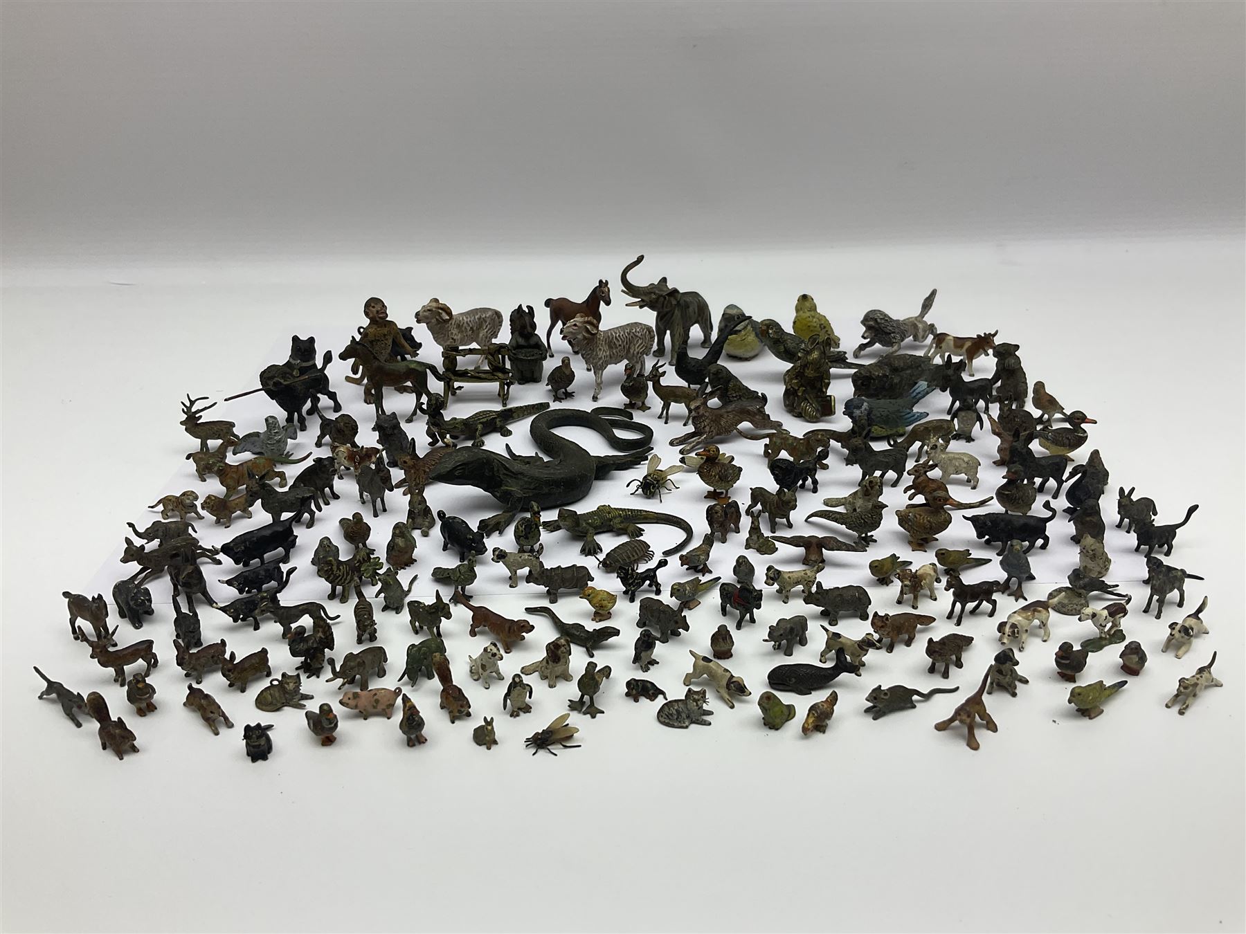 Collection of miniature cold painted bronze and similar animals, to include birds, sheep, horses etc 