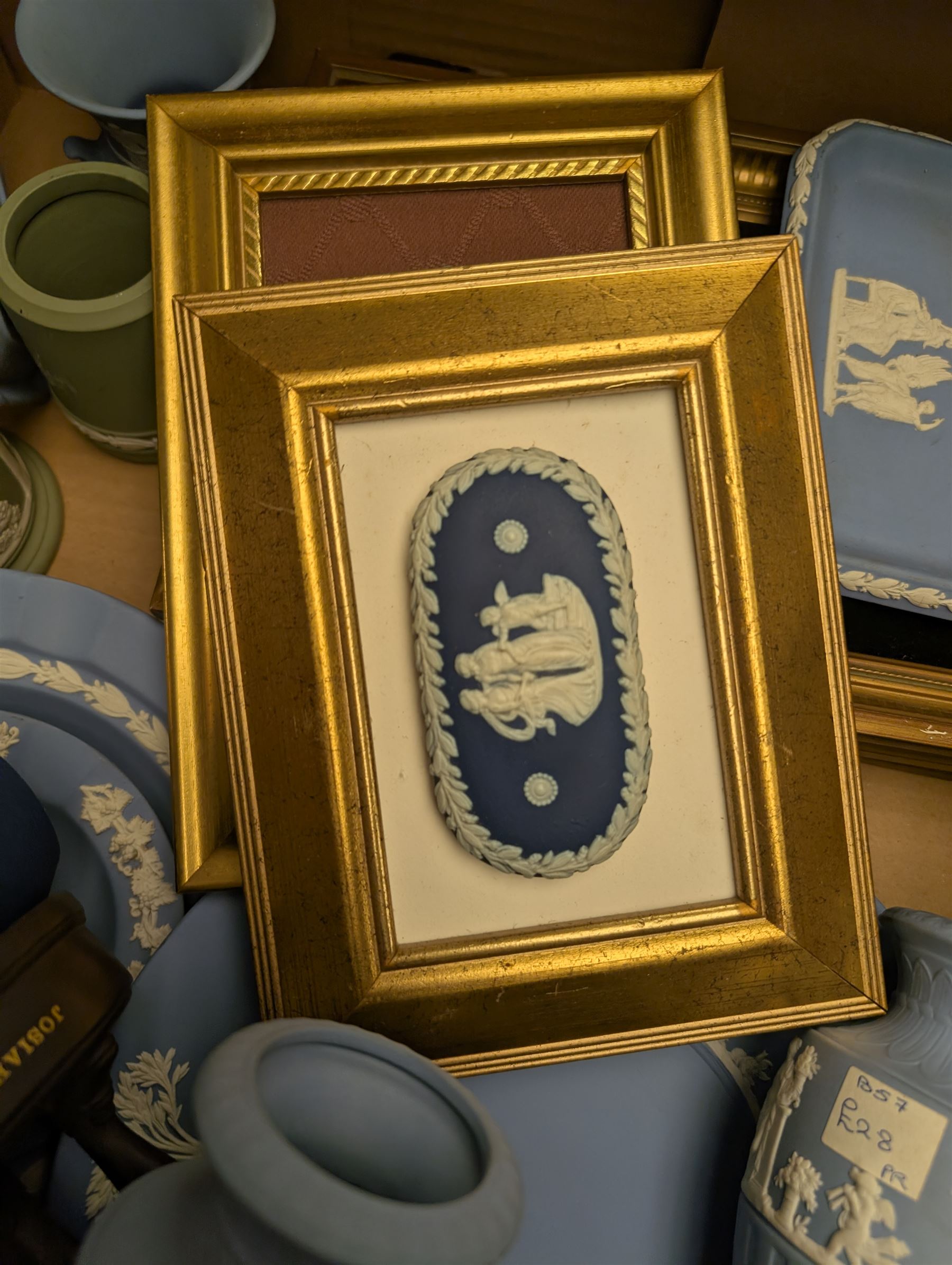 Collection of Wedgwood Jasperware, including vases, jars, framed plaques, etc and Josiah Wedgwood figure