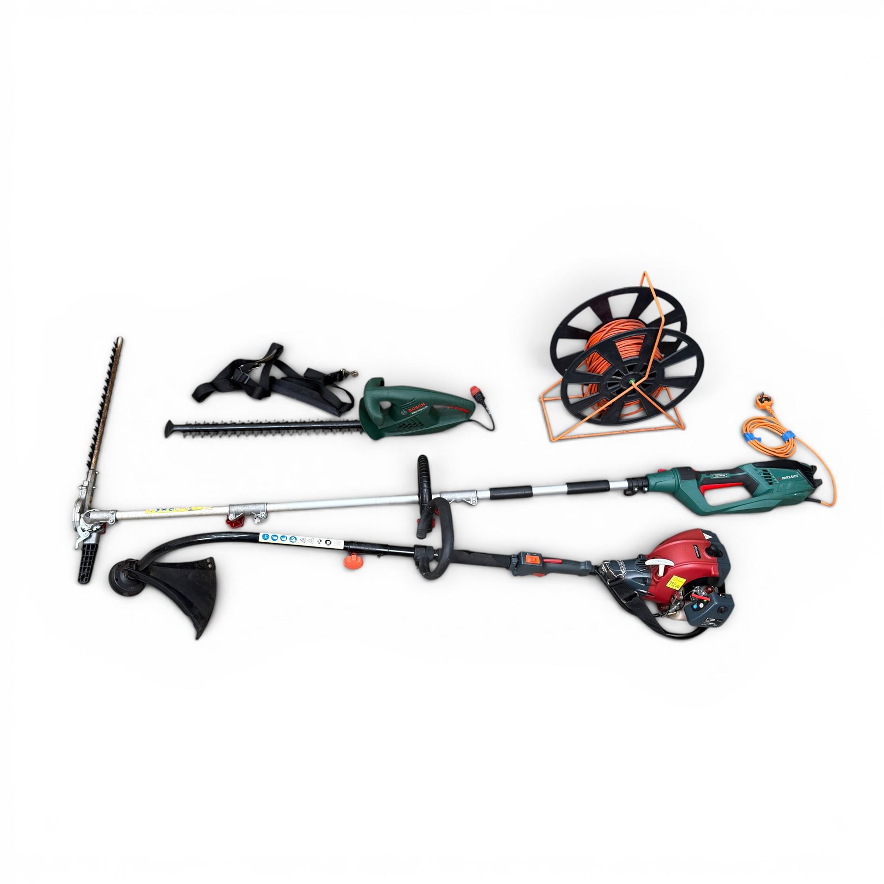 Sovereign 26cc 2 stroke petrol grass trimmer (strimmer), Parkside electric hedge trimmer and a Bosch hedge trimme
