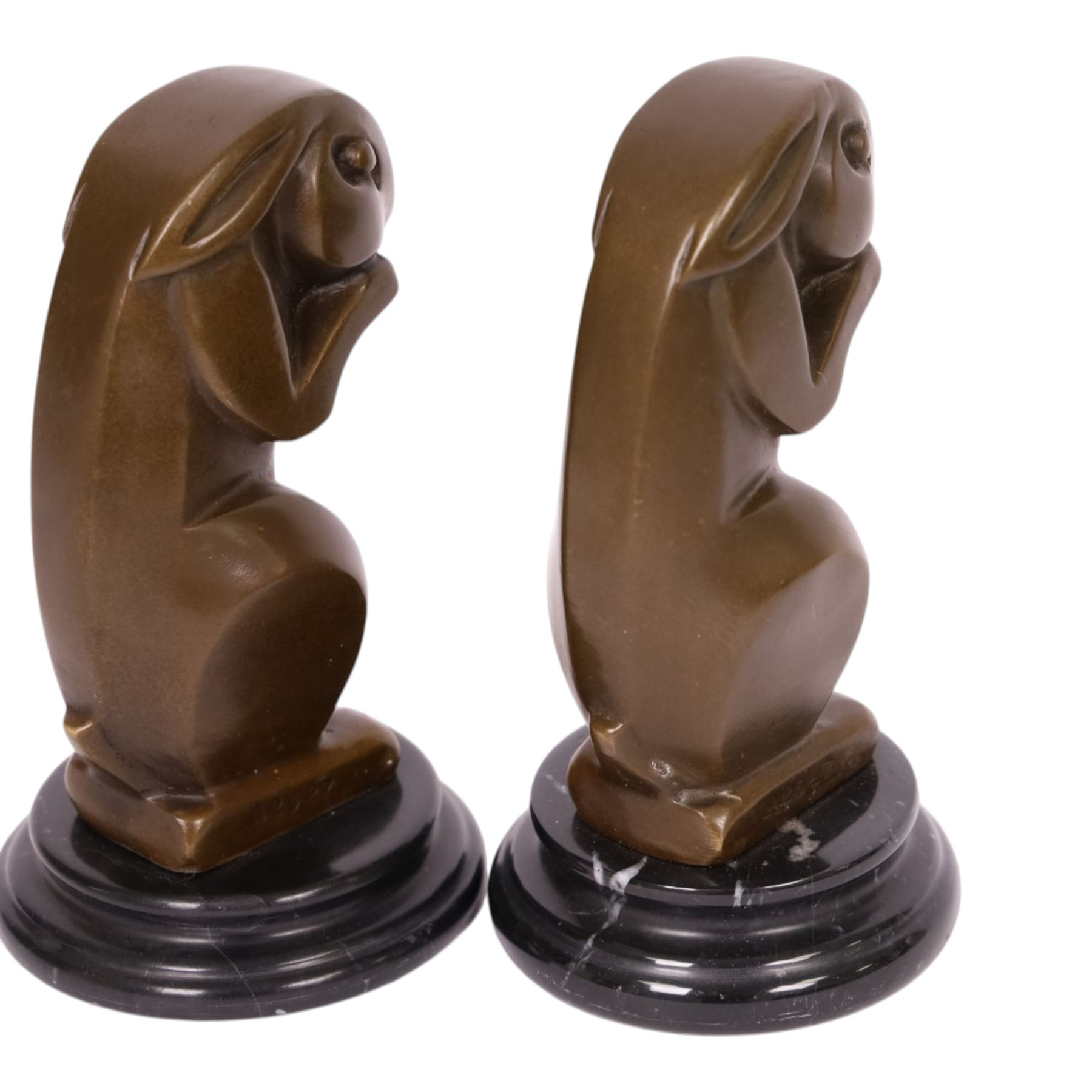 After André Bizette-Lindet - pair of Art Deco style bronze rabbits of graduating size, bearing signature and foundry stamp, largest H17cm