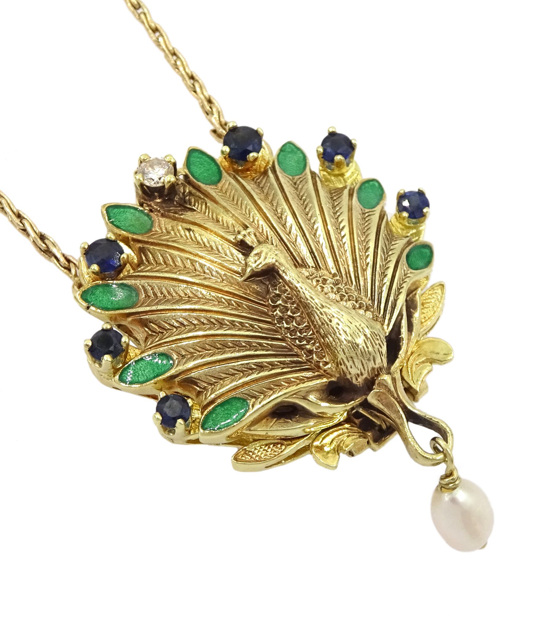  Igor Carl Faberge for Franklin Mint 14ct gold peacock watch pendant necklace, the peacock wings diamond, enamel and sapphire set, with a single suspended pearl, the back with hidden quartz watch, boxed