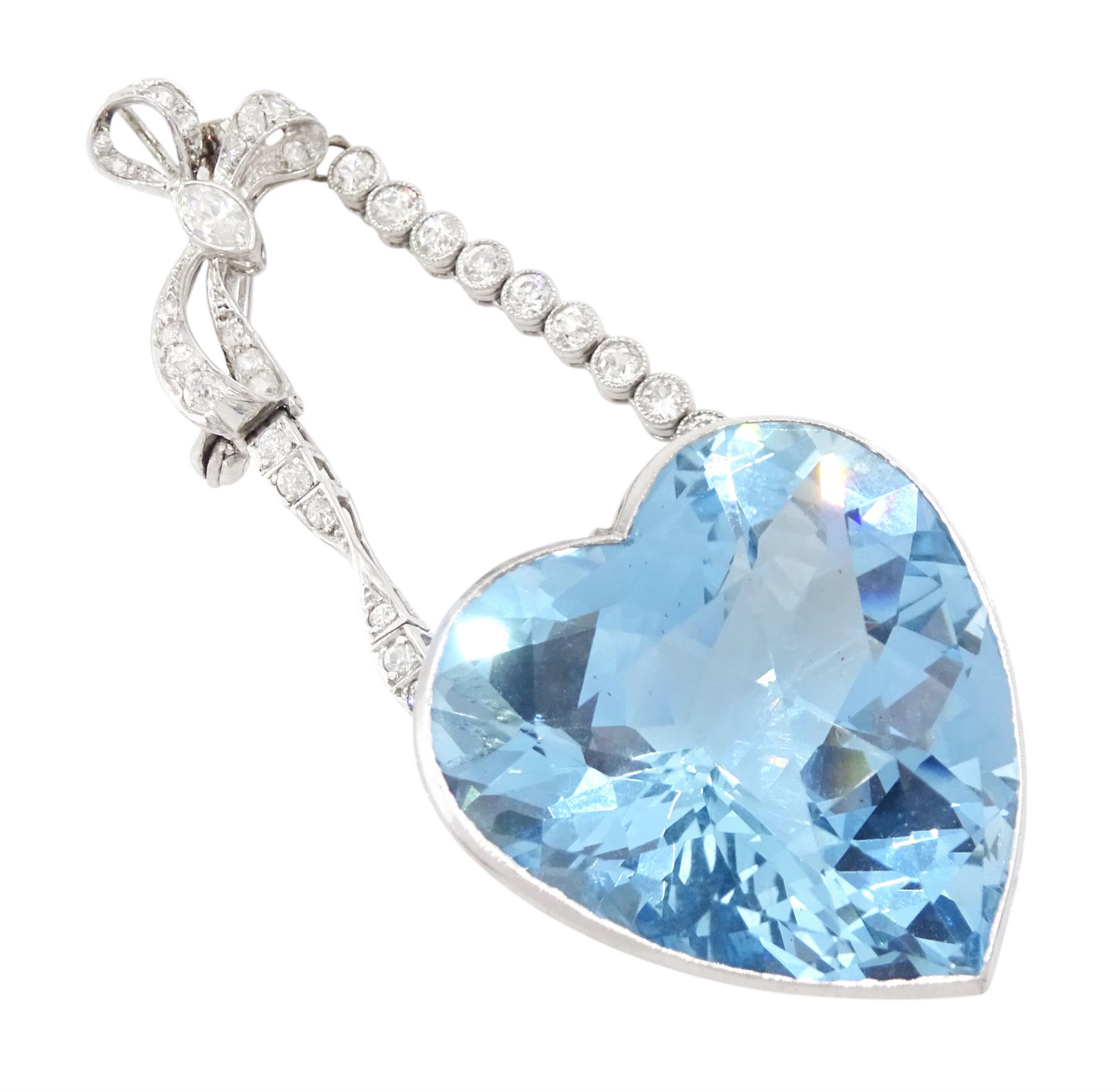 Platinum aquamarine and diamond pendant / brooch, the large faceted heart cut aquamarine, mounted within an openwork heart design gallery, suspending from a polished and milgrain set old cut diamond pendant, with bow design brooch top, set with further old cut diamonds and a single marquise cut diamond, in fitted velvet and silk lined box by Bloom & Sons, London, aquamarine approx 55.00 carat, total diamond weight approx 0.60 carat