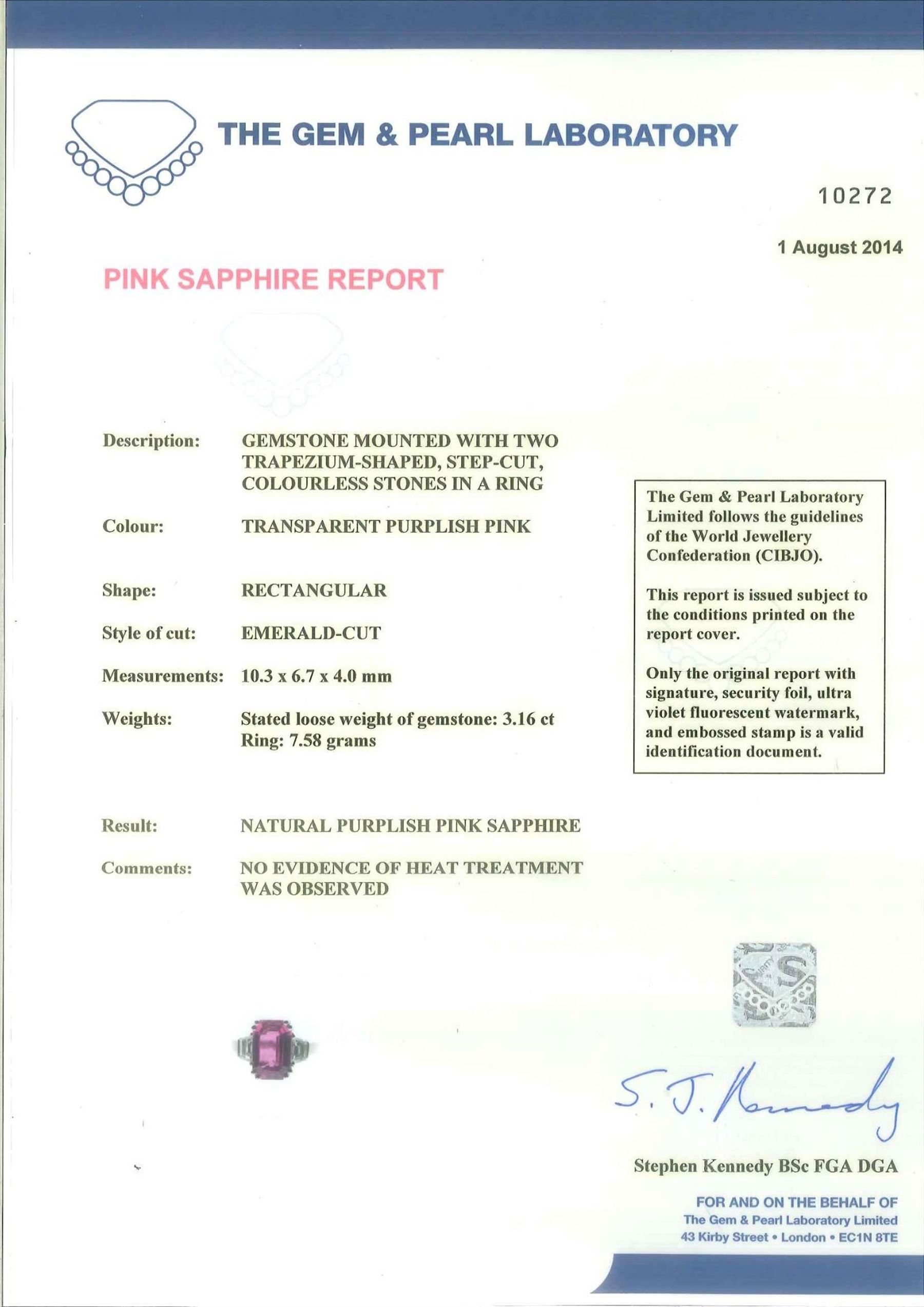 Platinum unheated pink sapphire and diamond three stone ring, emerald cut unheated sapphire of approx 3.16 carat, with a single trapeze cut diamond set either side, London 2014, total diamond weight approx 0.71 carat, with Alan Poultney Gems report, the sapphire with The Gem & Pearl Laboratory report